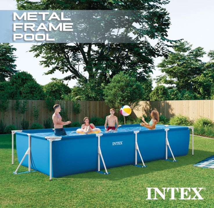 INTEX Rechteckiger Frame Pool – Stabiler Gartenpool mit Metallrahmen, Swimming Pool für Familie & Freizeit