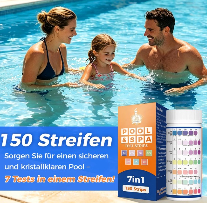 7-in-1 Pool Teststreifen 150 Stück – Wassertester für Pool & Whirlpool, pH, Chlor, Brom, Alkalinität, Härte & Cyanursäure