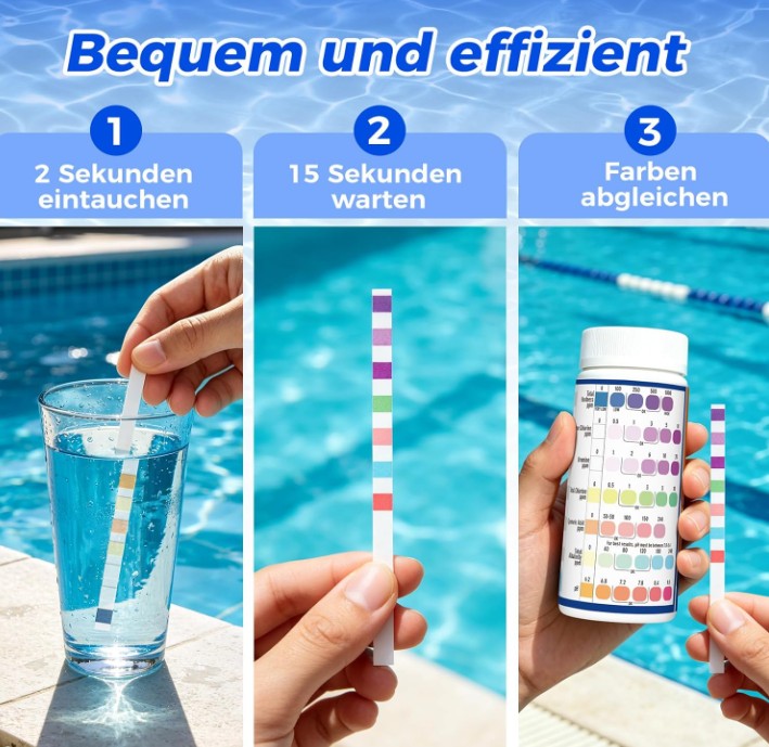 7-in-1 Pool Teststreifen 150 Stück – Wassertester für Pool & Whirlpool, pH, Chlor, Brom, Alkalinität, Härte & Cyanursäure