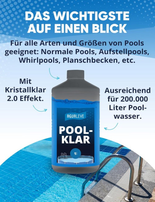 AGUALEVE Poolklar 1L – Pool Wasserpflege für kristallklares Wasser, für Pools, Whirlpools & Planschbecken, Made in Germany