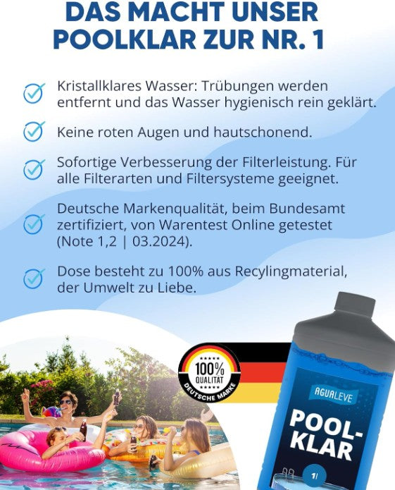 AGUALEVE Poolklar 1L – Pool Wasserpflege für kristallklares Wasser, für Pools, Whirlpools & Planschbecken, Made in Germany