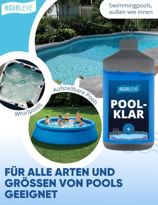 AGUALEVE Poolklar 1L – Pool Wasserpflege für kristallklares Wasser, für Pools, Whirlpools & Planschbecken, Made in Germany