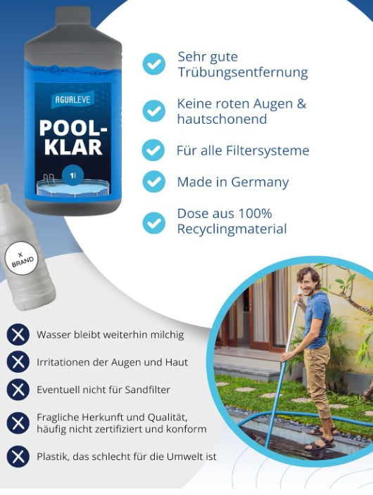 AGUALEVE Poolklar 1L – Pool Wasserpflege für kristallklares Wasser, für Pools, Whirlpools & Planschbecken, Made in Germany