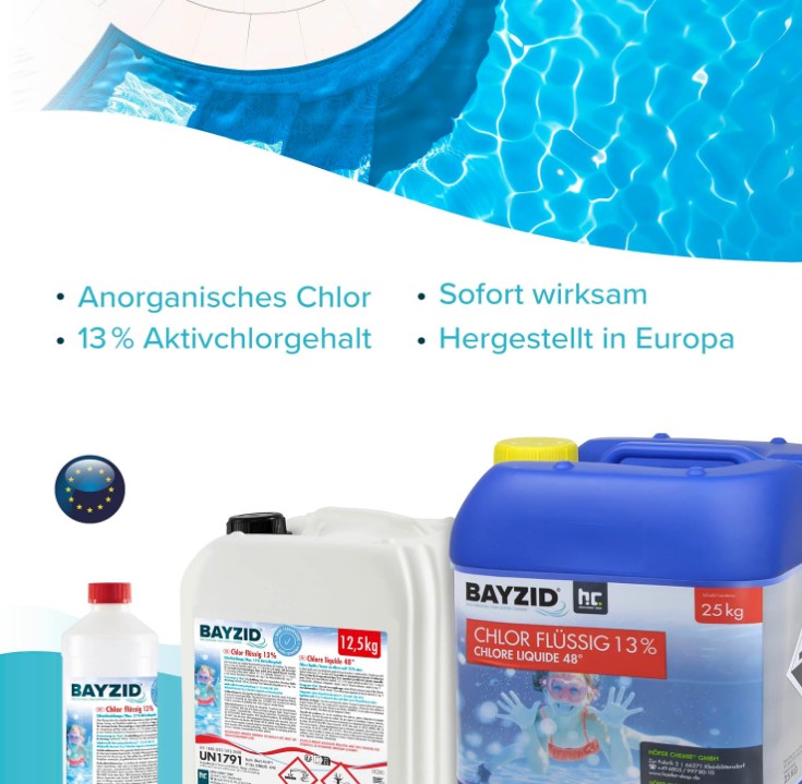 Höfer Chemie Flüssigchlor 25 kg – Pool Chlor zur Wasserdesinfektion, 13–15 % Aktivchlor, Made in Germany