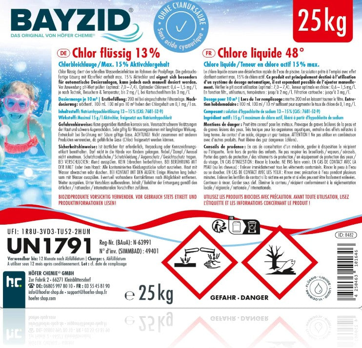 Höfer Chemie Flüssigchlor 25 kg – Pool Chlor zur Wasserdesinfektion, 13–15 % Aktivchlor, Made in Germany