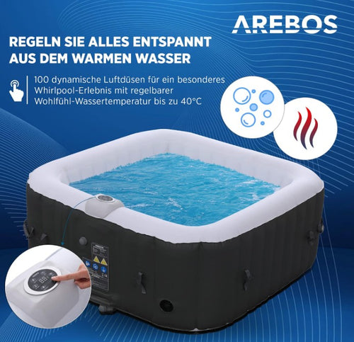 AREBOS Aufblasbarer Whirlpool für 4 Personen – Outdoor & Indoor Spa Pool mit 130 Massagedüsen, Heizung, 154 x 154 cm