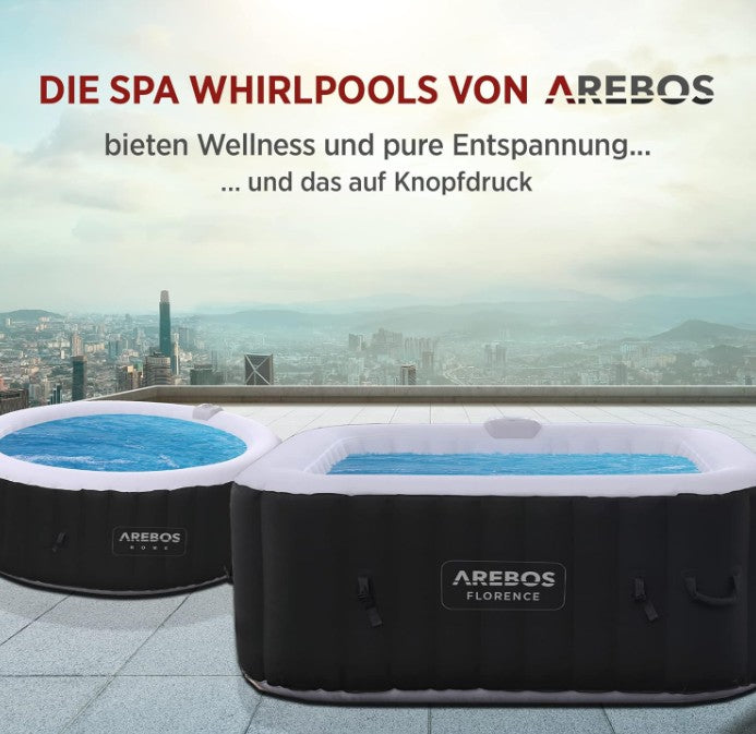 AREBOS Aufblasbarer Whirlpool für 4 Personen – Outdoor & Indoor Spa Pool mit 130 Massagedüsen, Heizung, 154 x 154 cm