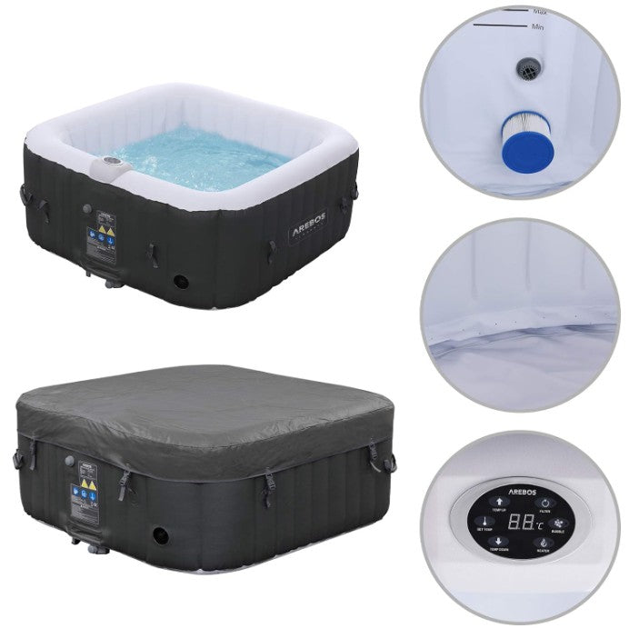 AREBOS Aufblasbarer Whirlpool für 4 Personen – Outdoor & Indoor Spa Pool mit 130 Massagedüsen, Heizung, 154 x 154 cm