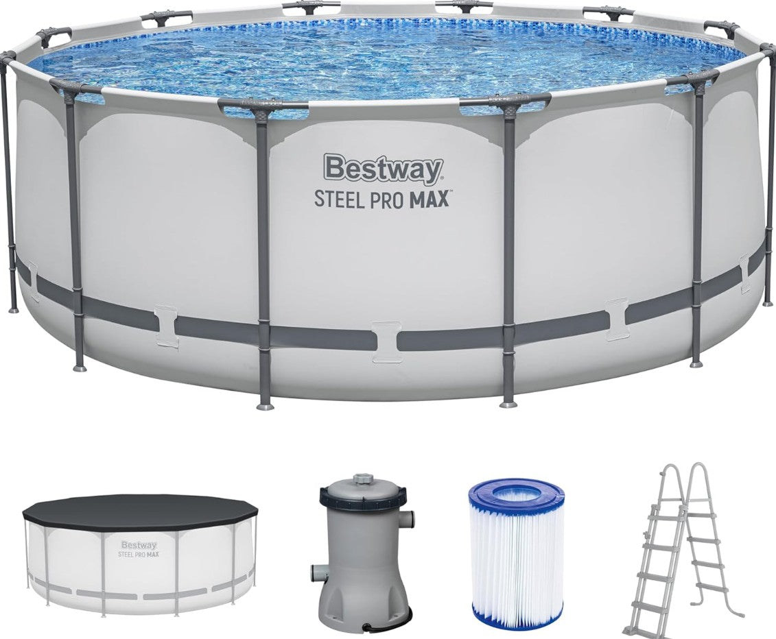 Bestway Steel Pro MAX Frame Pool Set Ø 366 x 122 cm – Rundpool mit Filterpumpe, Leiter & Abdeckplane, 10.250 Liter