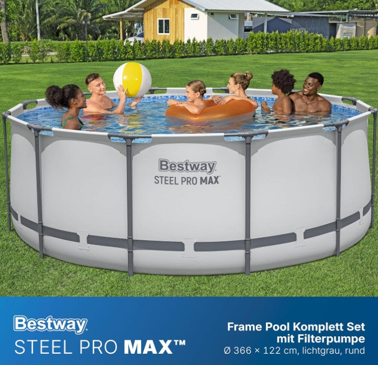 Bestway Steel Pro MAX Frame Pool Set Ø 366 x 122 cm – Rundpool mit Filterpumpe, Leiter & Abdeckplane, 10.250 Liter