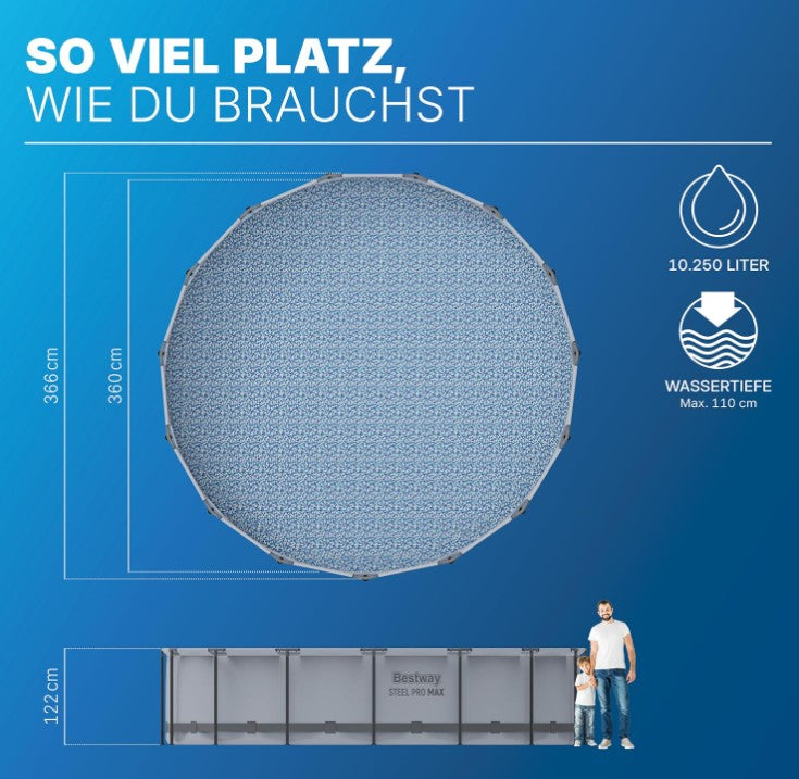 Bestway Steel Pro MAX Frame Pool Set Ø 366 x 122 cm – Rundpool mit Filterpumpe, Leiter & Abdeckplane, 10.250 Liter