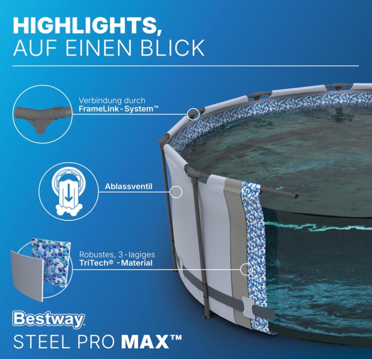Bestway Steel Pro MAX Frame Pool Set Ø 366 x 122 cm – Rundpool mit Filterpumpe, Leiter & Abdeckplane, 10.250 Liter