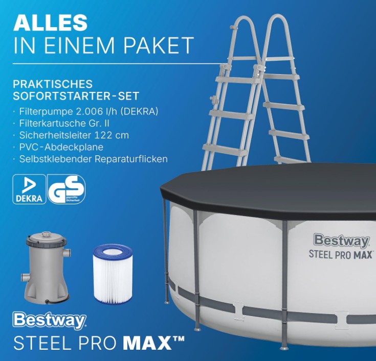 Bestway Steel Pro MAX Frame Pool Set Ø 366 x 122 cm – Rundpool mit Filterpumpe, Leiter & Abdeckplane, 10.250 Liter